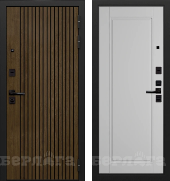 Входная дверь Берлога Тринити УП "Деонис" Орех лучистый натуральный (патина черная)/ "Тревор" Силк маус 870х2060 Левое
