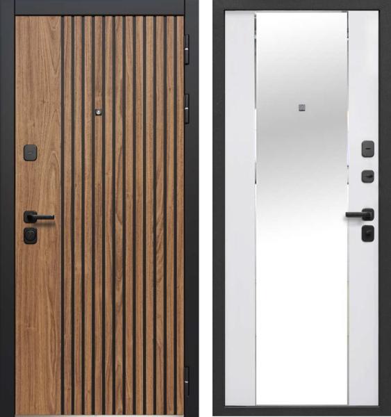 Входная дверь Luxor 2МДФ Рейка зеркало Лесной орех/Белый 860х2050 Левое