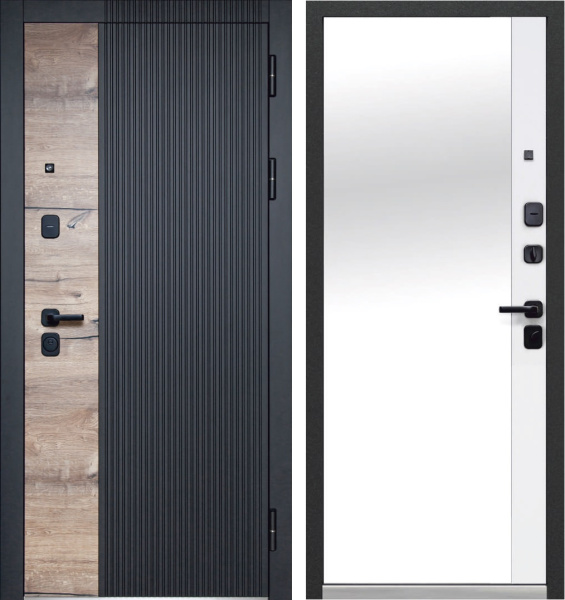 Входная дверь Luxor 2МДФ Дуб вертикаль Зеркало Черный кварц/ Белый 860х2050 Левое