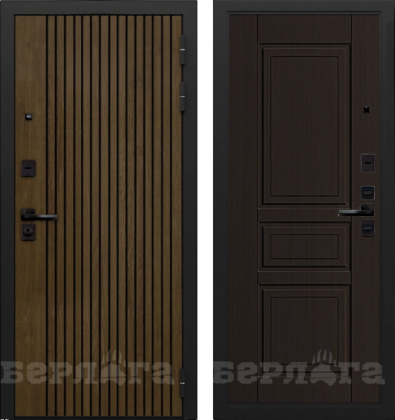 Входная дверь Берлога Тринити УП "Деонис" Орех лучистый натуральный (патина черная)/ "Гаральд" Венге тисненный 870х2060 Левое