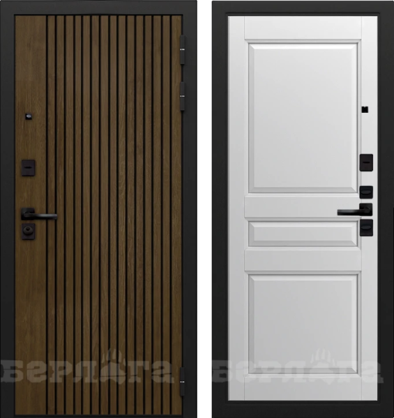 Входная дверь Берлога Тринити УП "Деонис" Орех лучистый натуральный (патина черная)/ "Каролина" Белая эмаль (soft) 870х2060 Левое