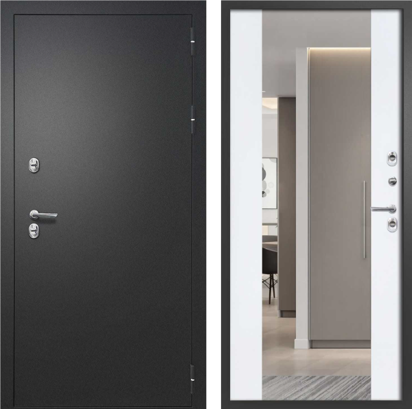 Входная дверь с терморазрывом FD Айварс ТЕРМО Зеркало Букле черный/ Velluto bianco 860х2050 Левое