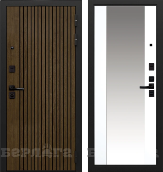 Входная дверь Берлога Тринити УП "Деонис" Орех лучистый натуральный (патина черная)/ "Вояж" Эмалит арктик 870х2060 Левое
