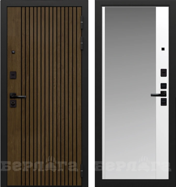 Входная дверь Берлога Тринити УП "Деонис" Орех лучистый натуральный (патина черная)/ "Магнум" Эмалит арктик 870х2060 Левое