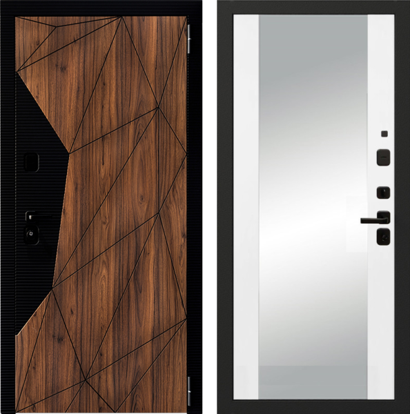 Входная дверь Ferroni 9 см Геометрия зеркало Орех каньон коньяк/ Белый 860х2050 Левое