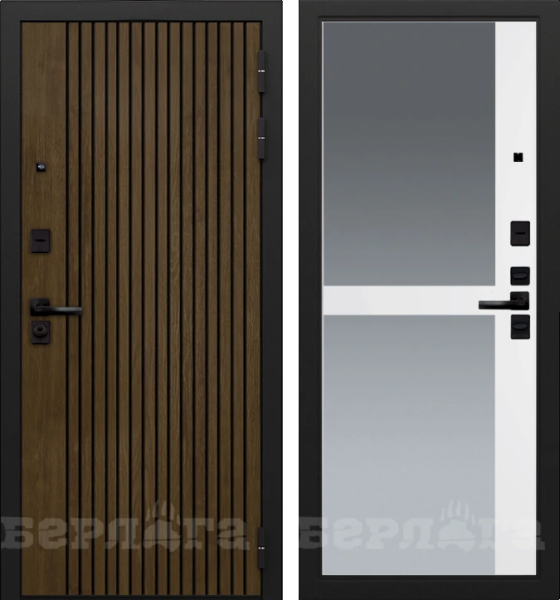 Входная дверь Берлога Тринити УП "Деонис" Орех лучистый натуральный (патина черная)/ "Дарси" Эмалит арктик 870х2060 Левое