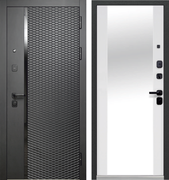 Входная дверь Luxor 2МДФ Ромбы вертикаль Зеркало Антрацит/Белый 860х2050 Левое