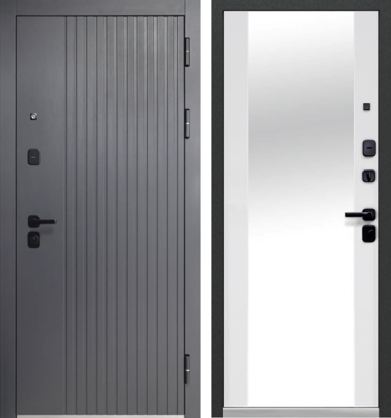 Входная дверь Luxor 2МДФ Вертикаль зеркало Графит / Белый 860х2050 Левое