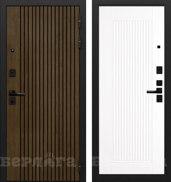 Входная дверь Берлога Тринити УП "Деонис" Орех лучистый натуральный (патина черная)/ "Багратион" Эмалит арктик 870х2060 Левое