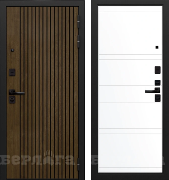 Входная дверь Берлога Тринити УП "Деонис" Орех лучистый натуральный (патина черная)/ "Марвин" Эмалит арктик 870х2060 Левое