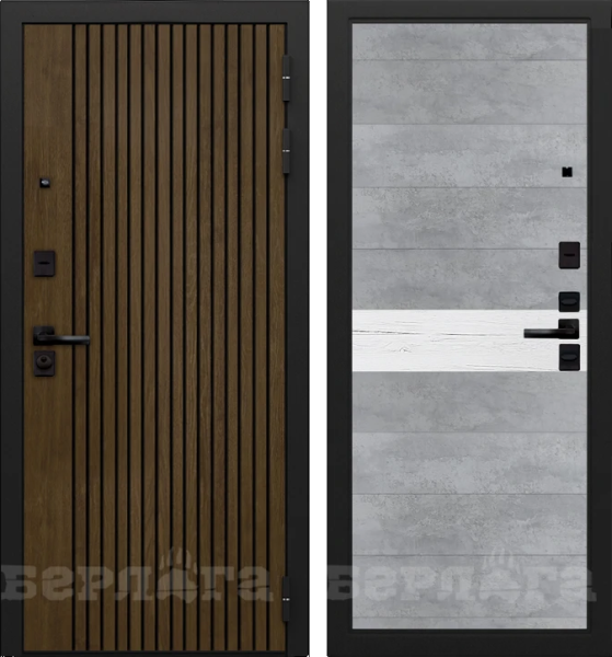 Входная дверь Берлога Тринити УП "Деонис" Орех лучистый натуральный (патина черная)/ "Лайн" Бетон светлый горизонт (дуб светлый горизонт) 870х2060 Левое